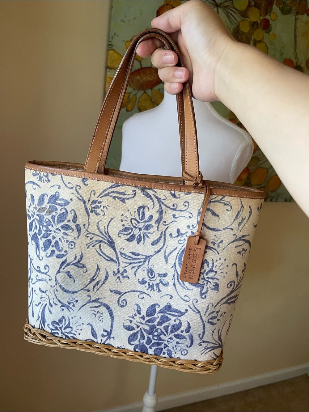Ralph Lauren Cream and Blue Floral Canvas Tote with Leather Trim